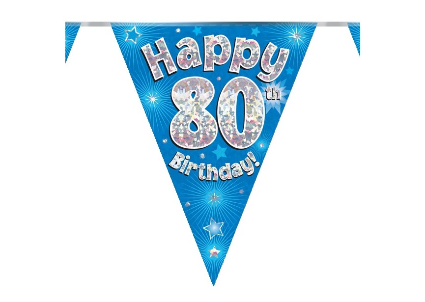 Banderole A Fanions - Happy 80th Birthday - Bleu - 6 Pcs